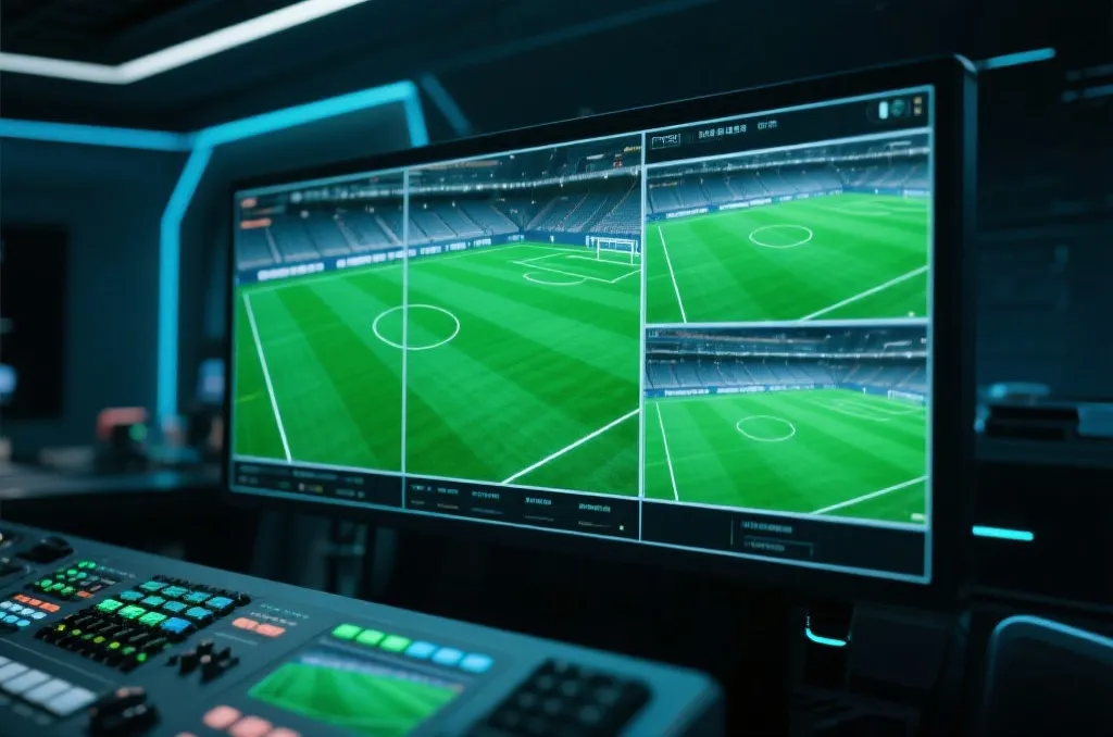 An abstract sports broadcasting control room monitor showing a multi-screen view of a generic green football field